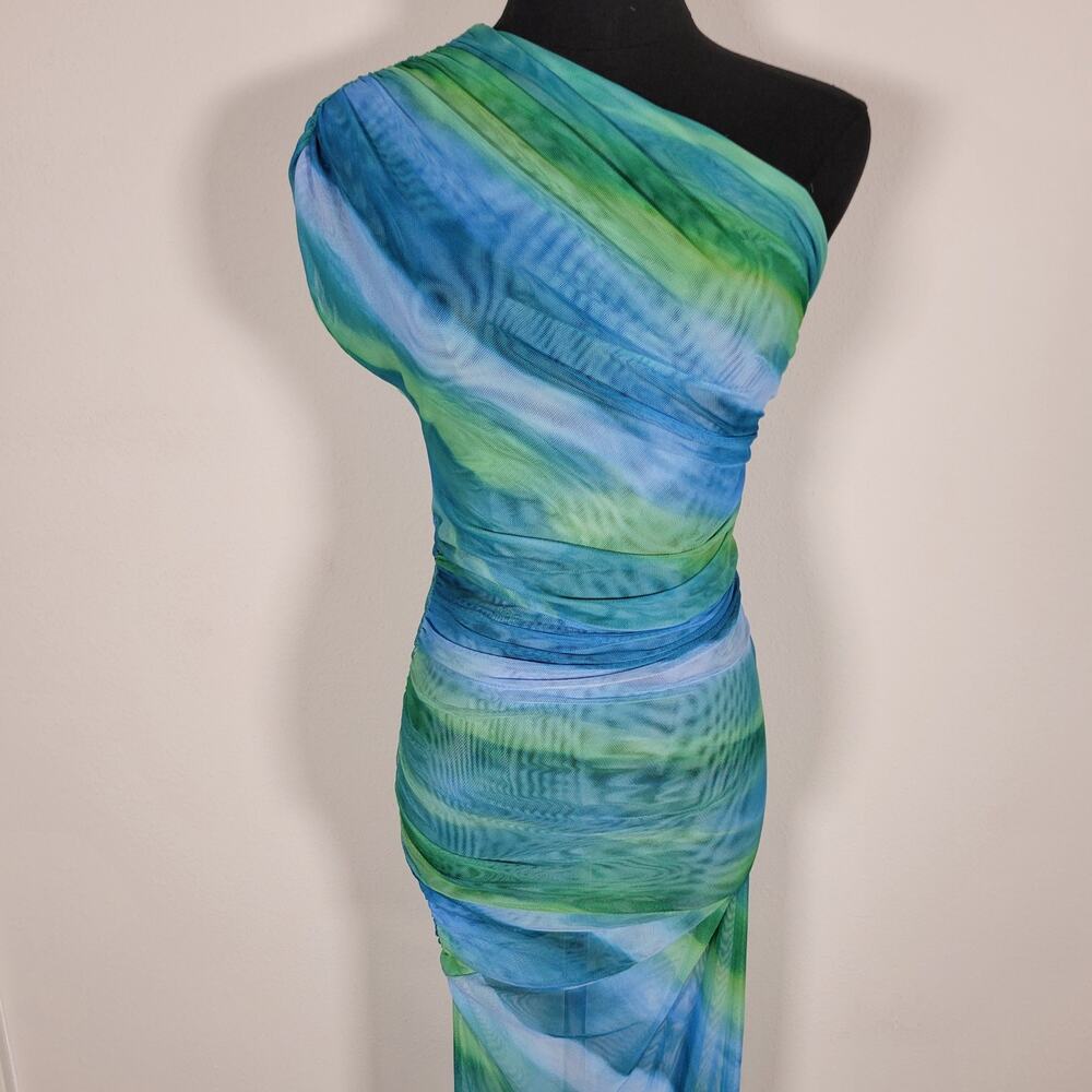 PrettyLittleThing Blue Green Mesh One Shoulder Ruched Maxi Dress US 4 Vacation